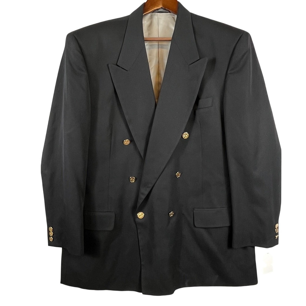 VTG Puccini Mens 44R Wool Blazer USA Black Double Breasted Gold Buttons Classic